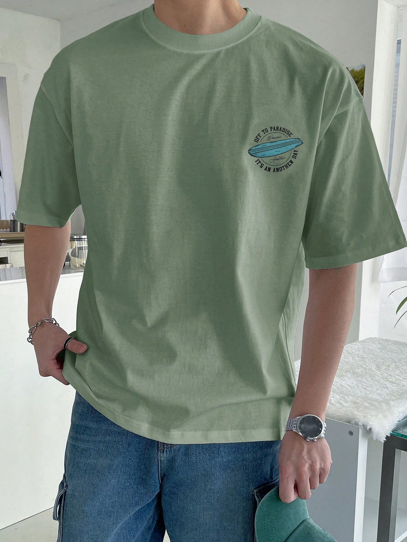 DAZY Мужская футболка с круглым вырезом и короткими рукавами с принтом букв, зеленый