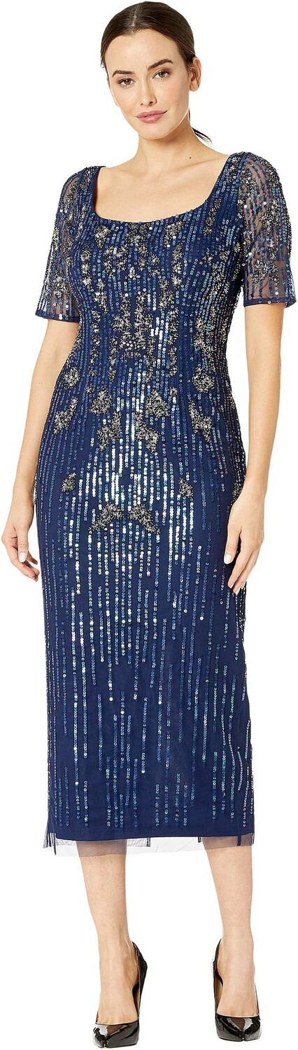 

Платье Adrianna Papell Beaded Mesh Boot Length Dress, цвет Light Navy