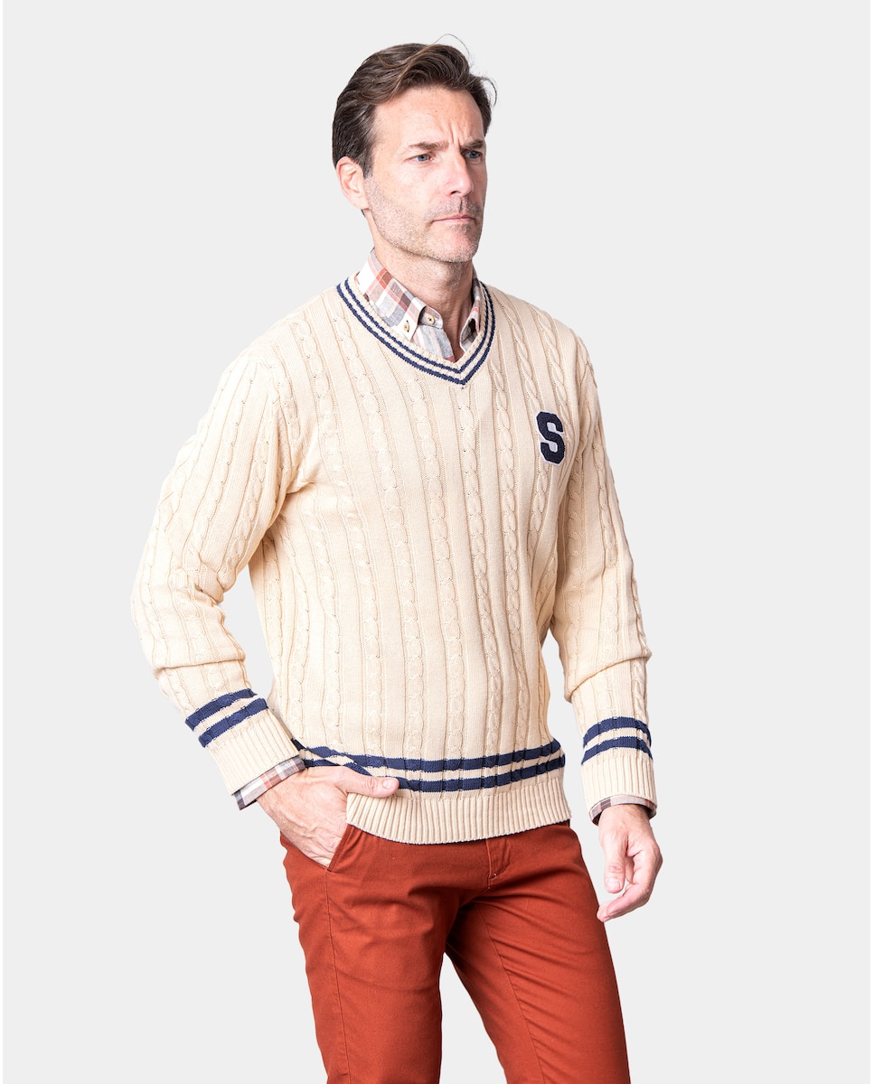 Мужской бежевый вязаный свитер в стиле фэнтези с V-образным вырезом и буквенным принтом Spagnolo, бежевый свитер мужской 60452 night s