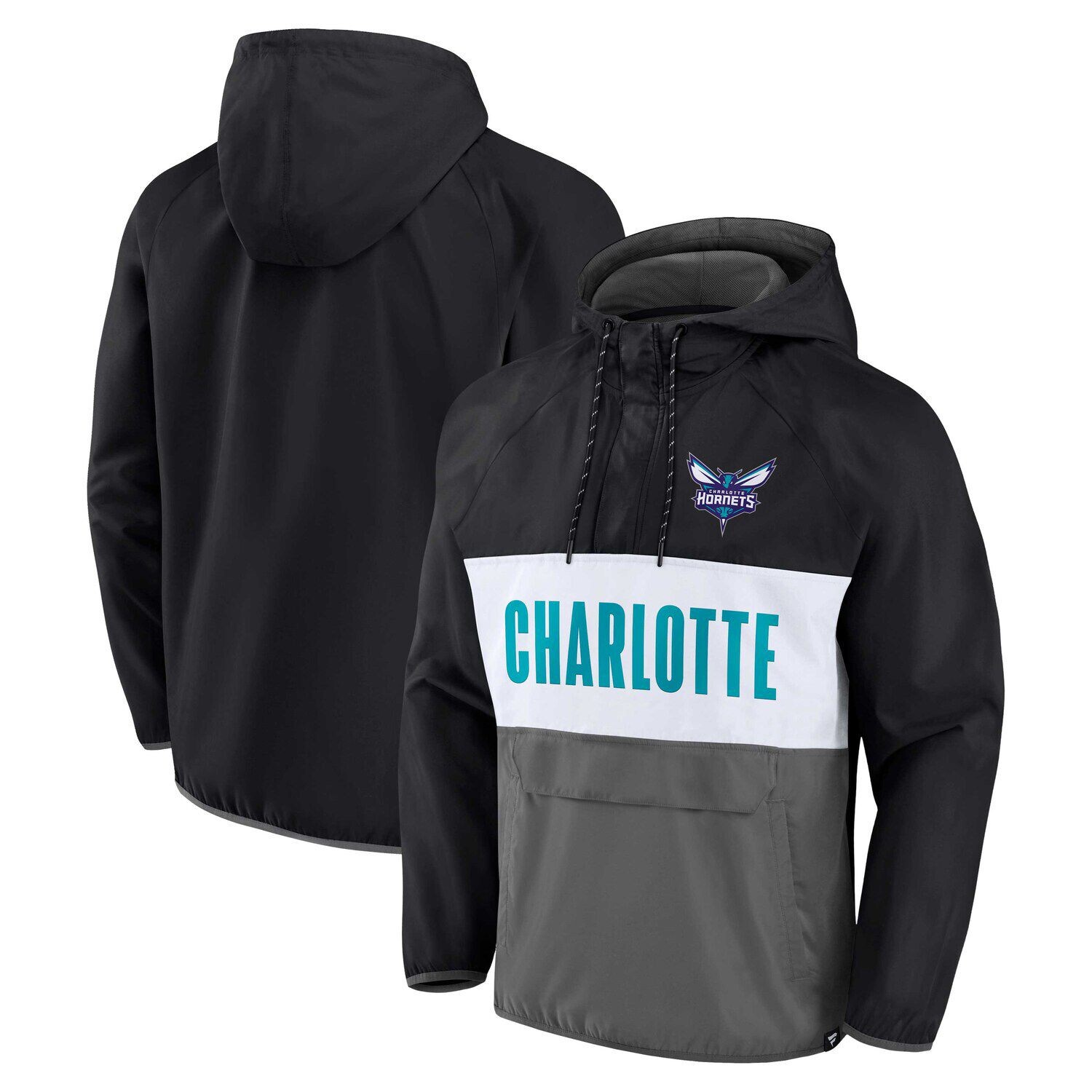 

Мужская фирменная черная/серая толстовка с капюшоном Charlotte Hornets Team Leader Iconic Colorblock Anorak реглан с молнией четверть Fanatics