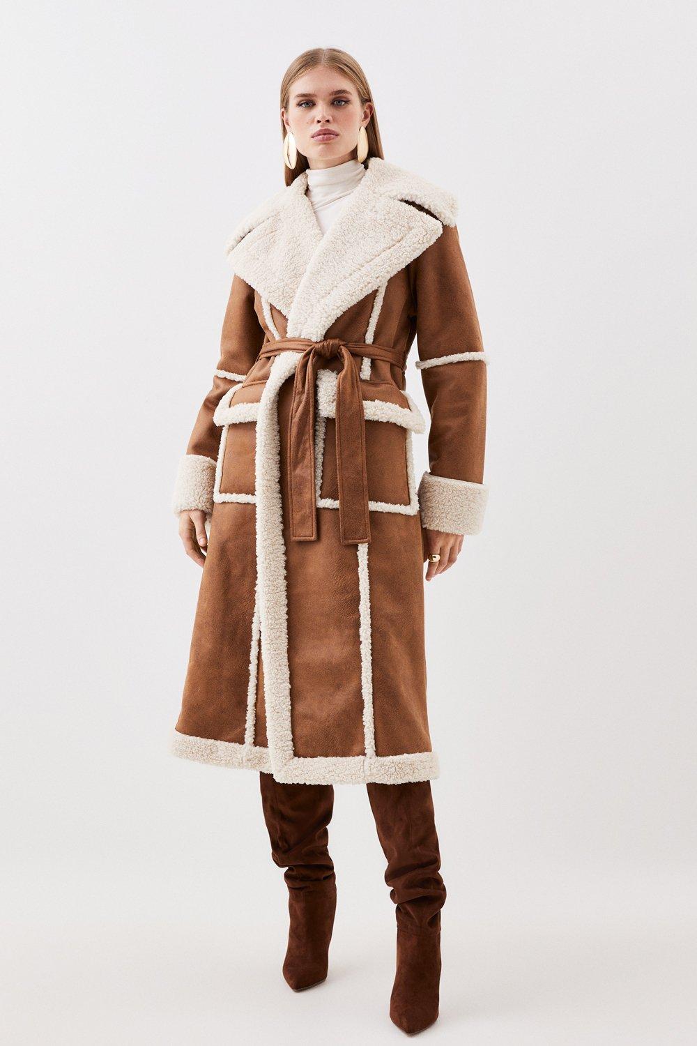 Пальто миди из искусственной овчины с контрастными манжетами и воротником Karen Millen, коричневый