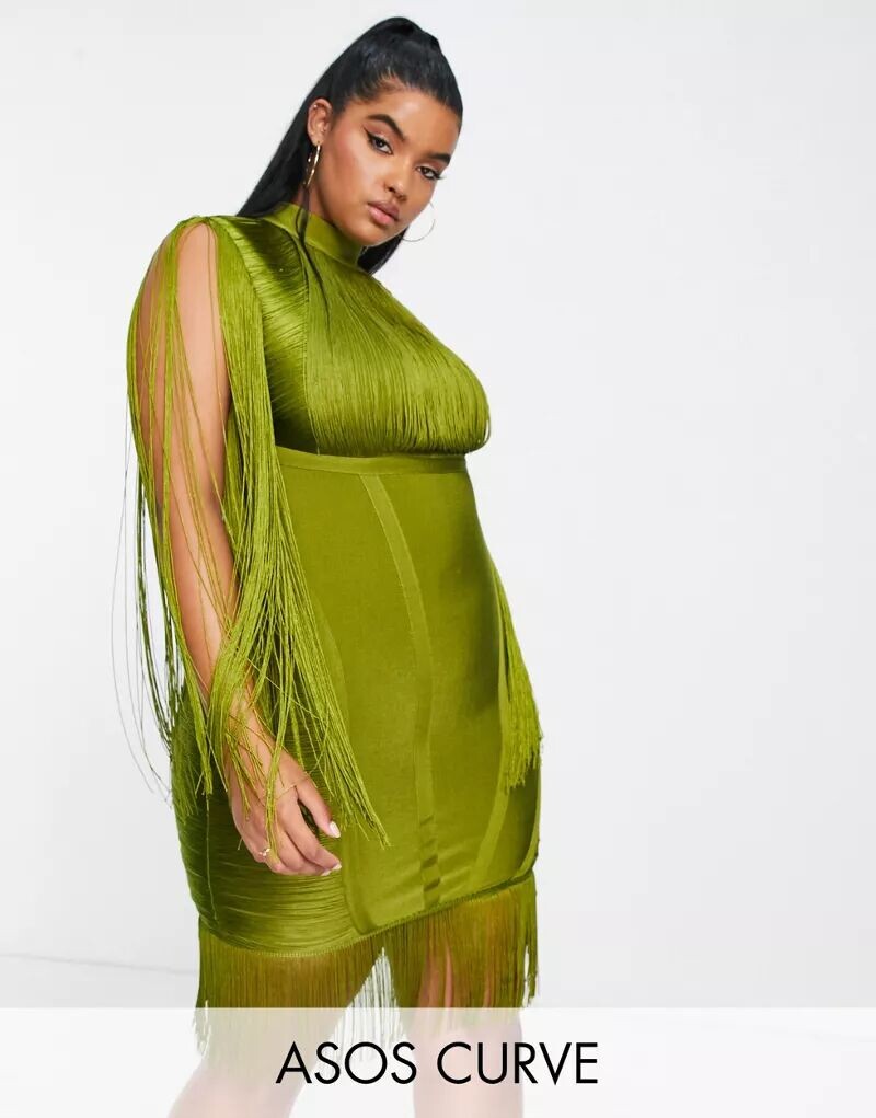 

Платье мини цвета хаки с бахромой ASOS DESIGN Curve