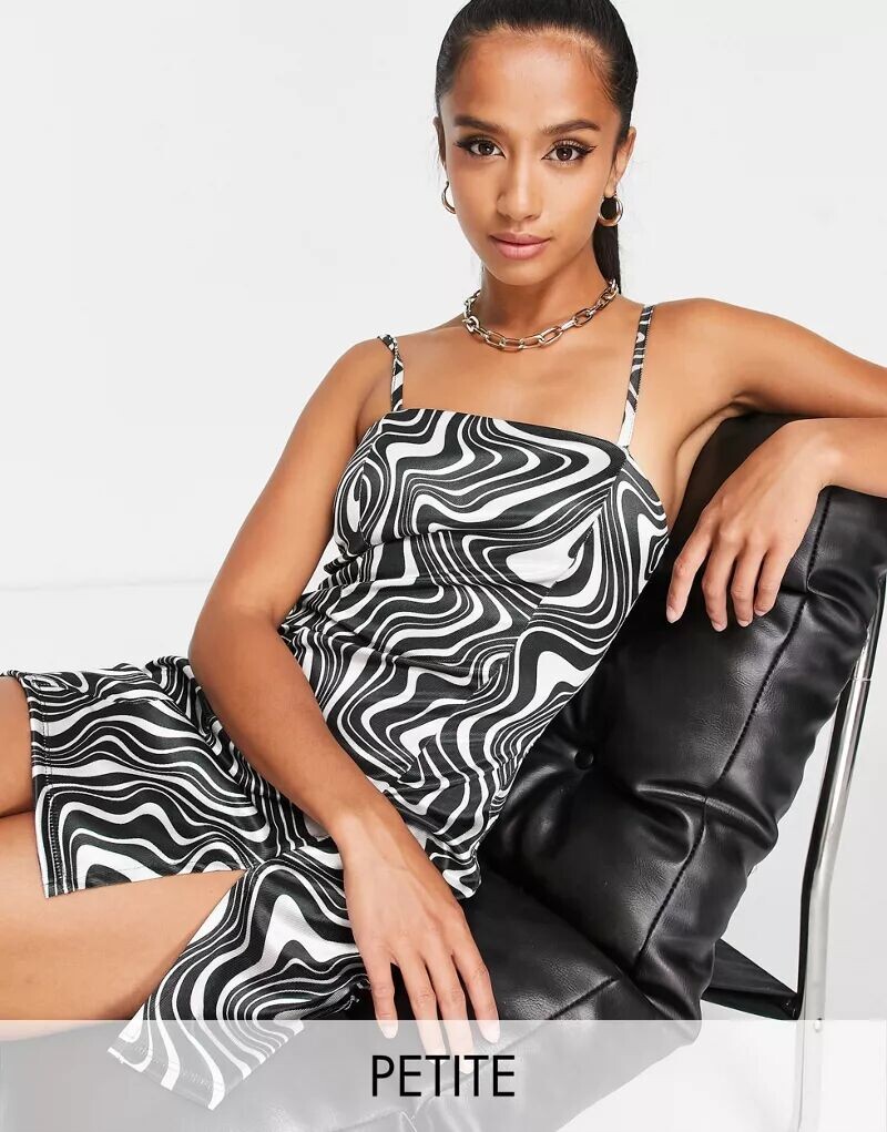 

Черное мини-платье River Island в стиле 60-х годов с водоворотным принтом, квадратным вырезом и бретелями