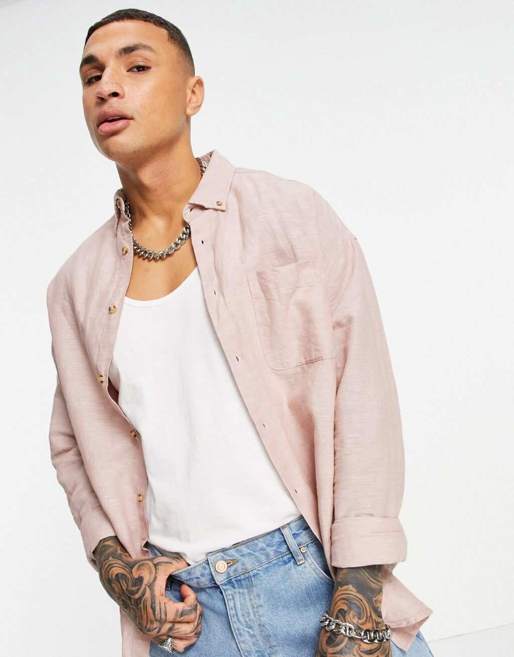 

Розовая льняная рубашка оверсайз в стиле 90-х ASOS DESIGN