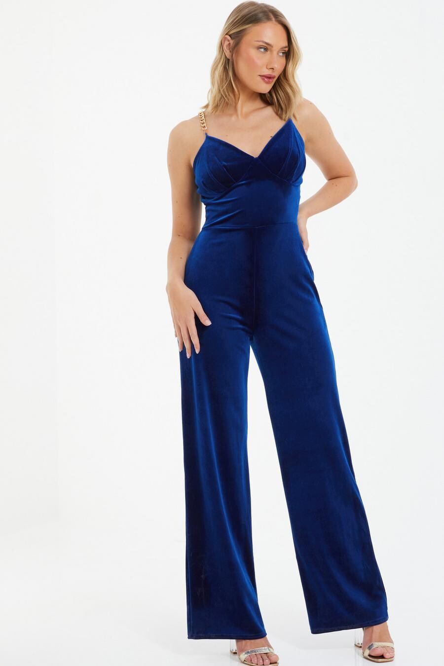 

Комбинезон из бархата королевского синего цвета с широкими штанинами QUIZ Clothing