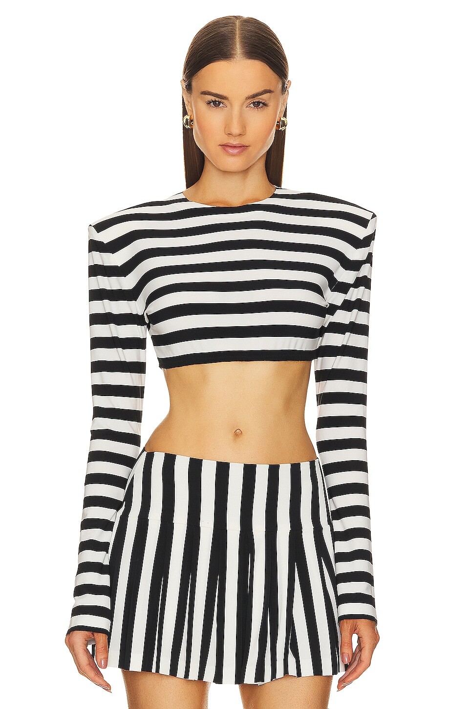

Топ Norma Kamali Cropped Shoulder Pad Long Sleeve Crew, цвет 3/4 Stripe