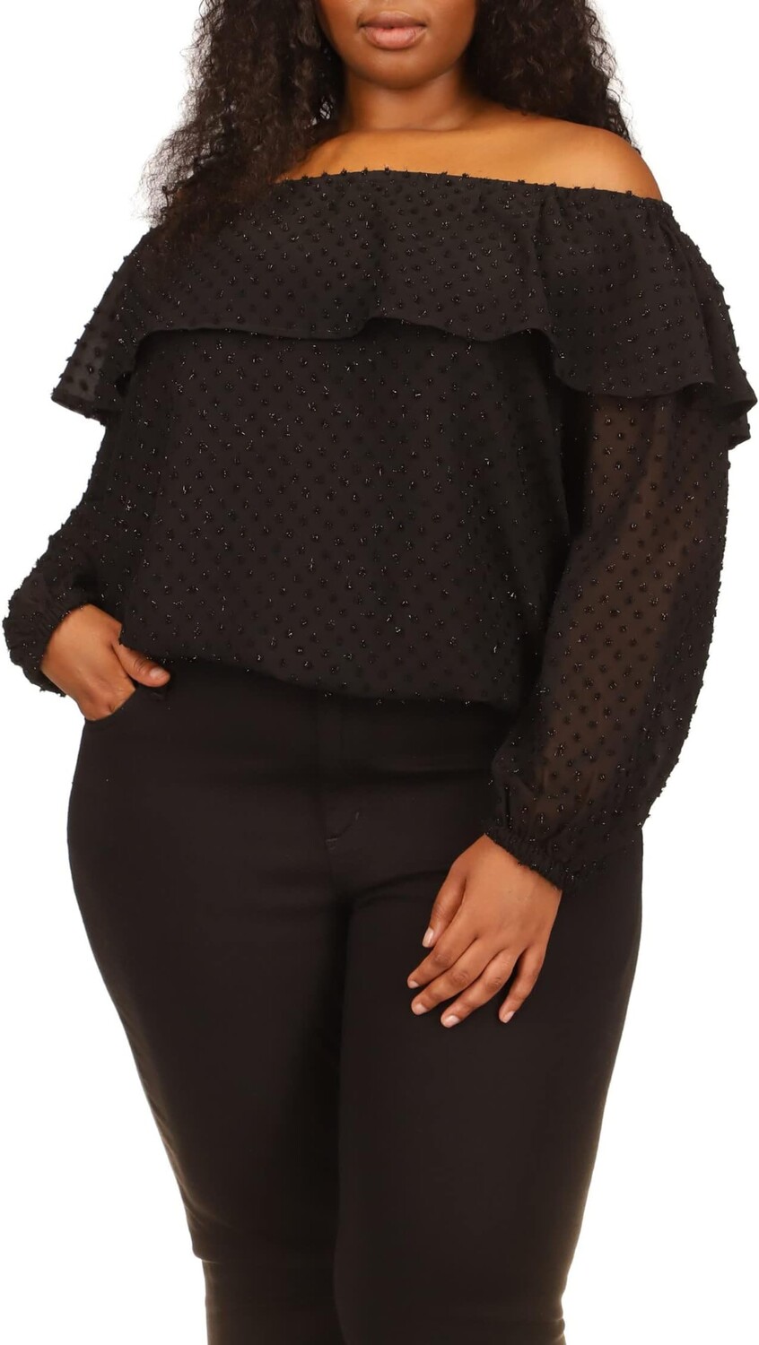 

Топ Michael Kors Plus Size Clip Chiffon Off Shoulder Top, черный