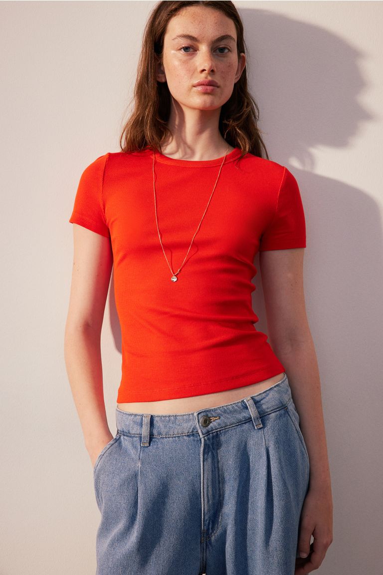 Рубчатая футболка из модального микса H&M, красный