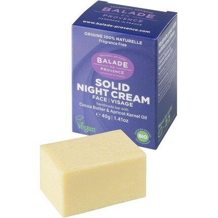 

Твердый ночной крем для лица Balade en Provence, 40 г. Органический продукт, сертифицированный Bio Earth и Vegan Society. Без отдушек. Сделано вручную во Франции. 100 % натуральный. Без испытаний на животных.