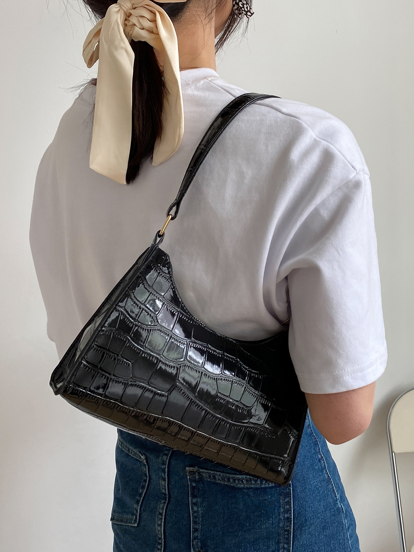 Модная женская сумка через плечо с узором крокодила из искусственной кожи, черный