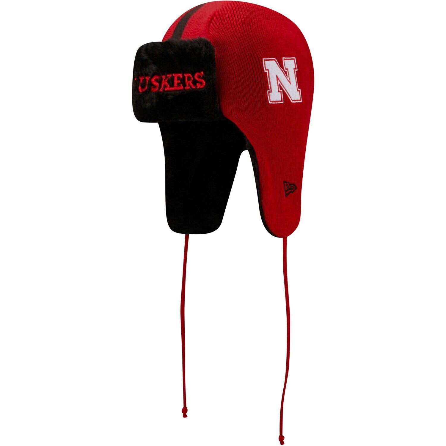 

Мужская вязаная шапка New Era Scarlet/Black Nebraska Huskers с головой Trapper