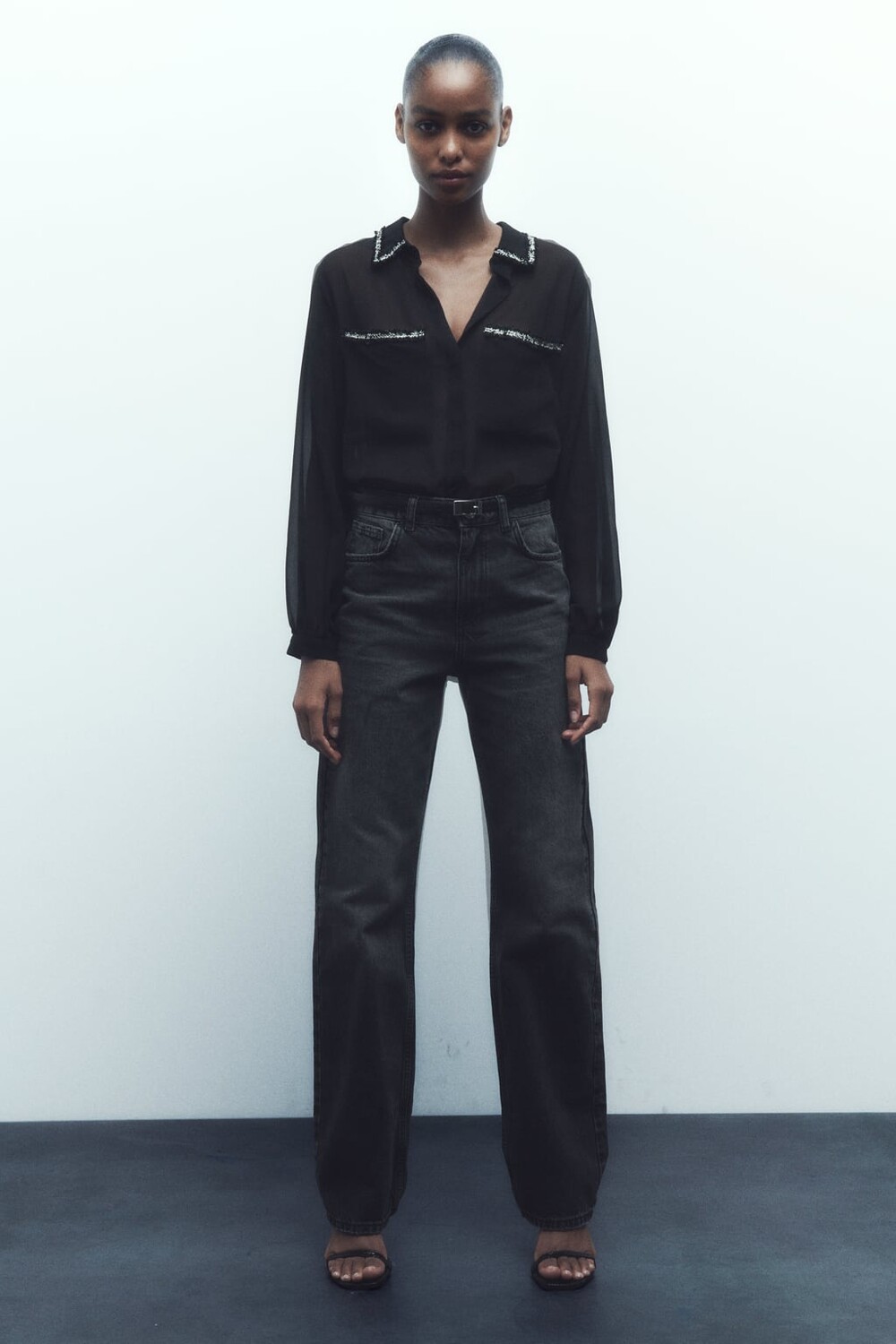 

Рубашка с контрастной текстурой ZARA, черный