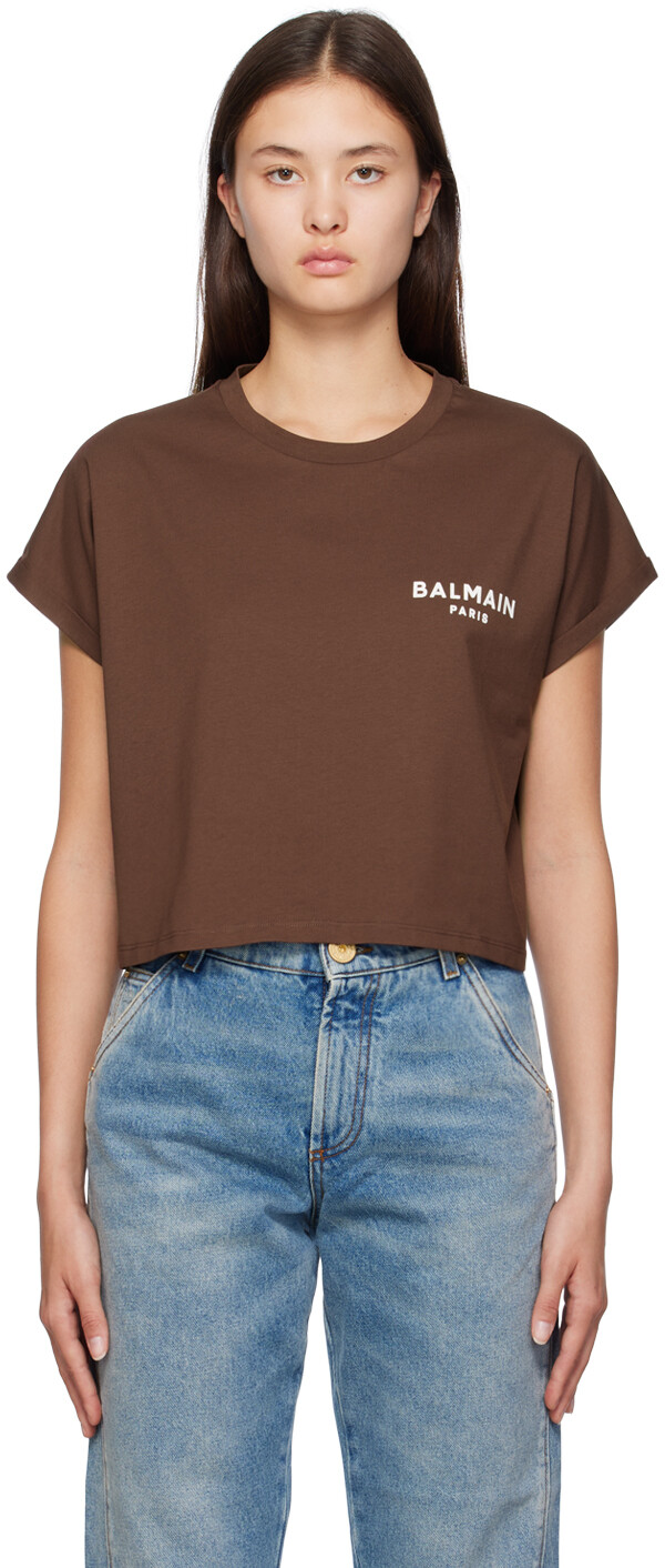 

Balmain Коричневая футболка из флока, Коричневый