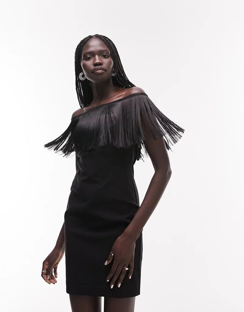 

Черное мини-платье без бретелек с бахромой Topshop
