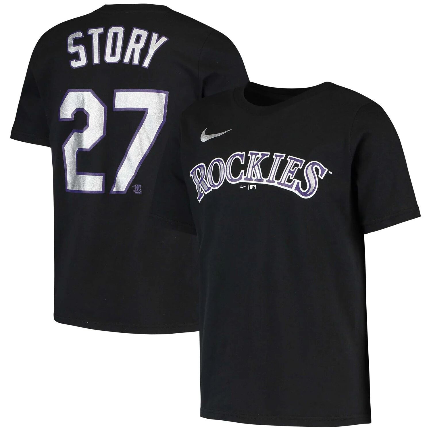 

Молодежная футболка Nike Trevor Story Black Colorado Rockies с именем и номером игрока Nike
