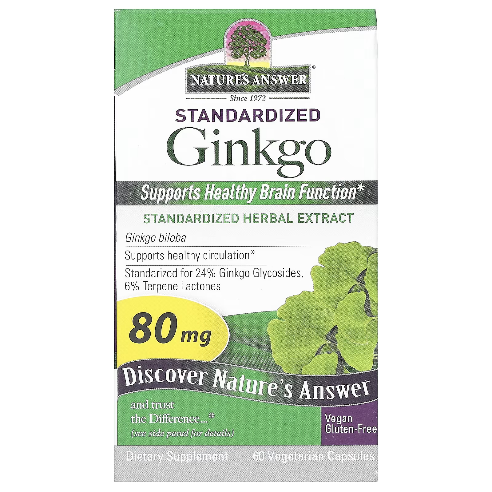 Стандартизированный гинкго Nature's Answer 80 мг, 60 капсул глицин гинкго будь здоров поддержка мозга 50 таблеток