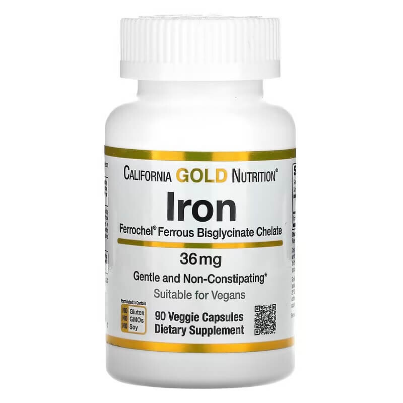 

Бисглицинат California Gold Nutrition Ferrochel Iron 36 мг, 90 капсул