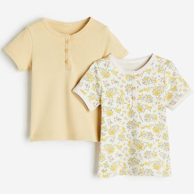 Комплект футболок H&M Ribbed Floral, 2 предмета, кремовый/желтый