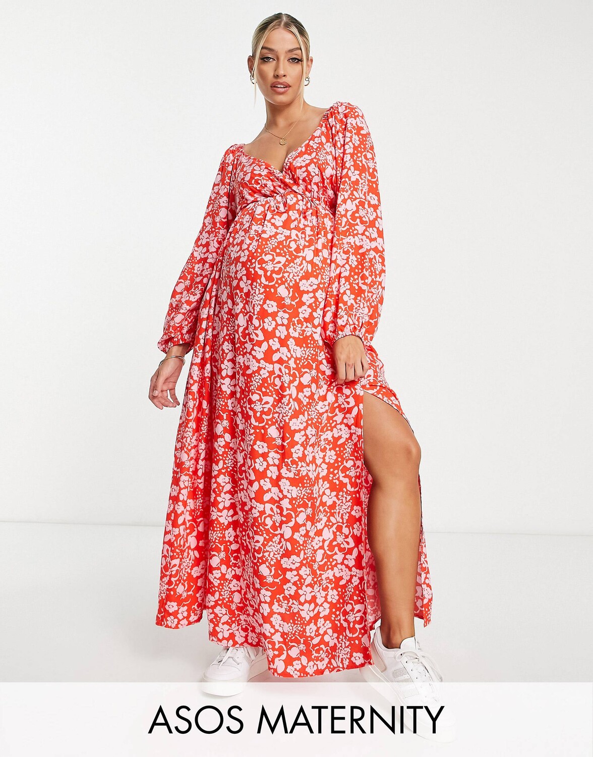 

Розово-красное чайное платье макси со сборками на талии ASOS DESIGN Maternity