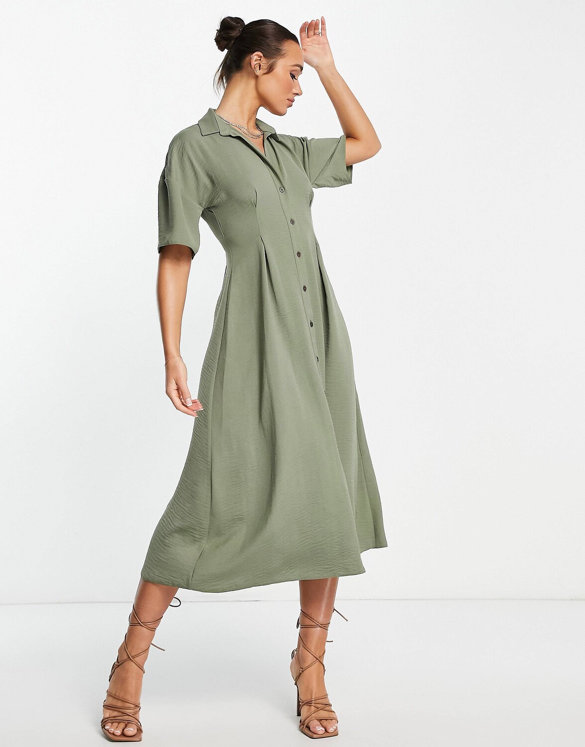 

Платье-рубашка миди цвета хаки с пуговицами на талии ASOS DESIGN
