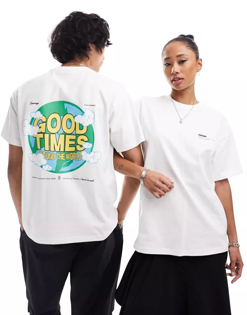 цена Белая футболка свободного кроя унисекс Dr Denim Trooper с графическим принтом «Good Times World» сзади