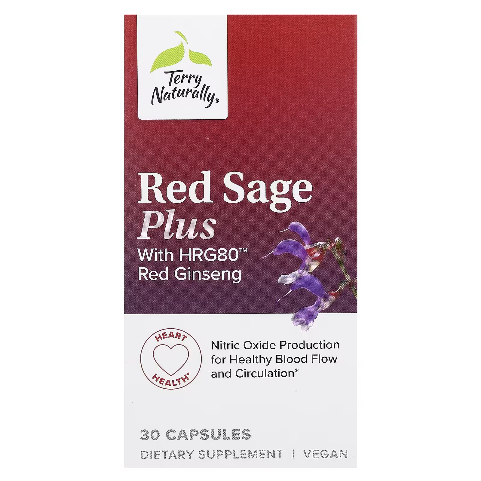Пищевая добавка Terry Naturally Red Sage Plus HRG80 с красным женьшенем, 30 капсул