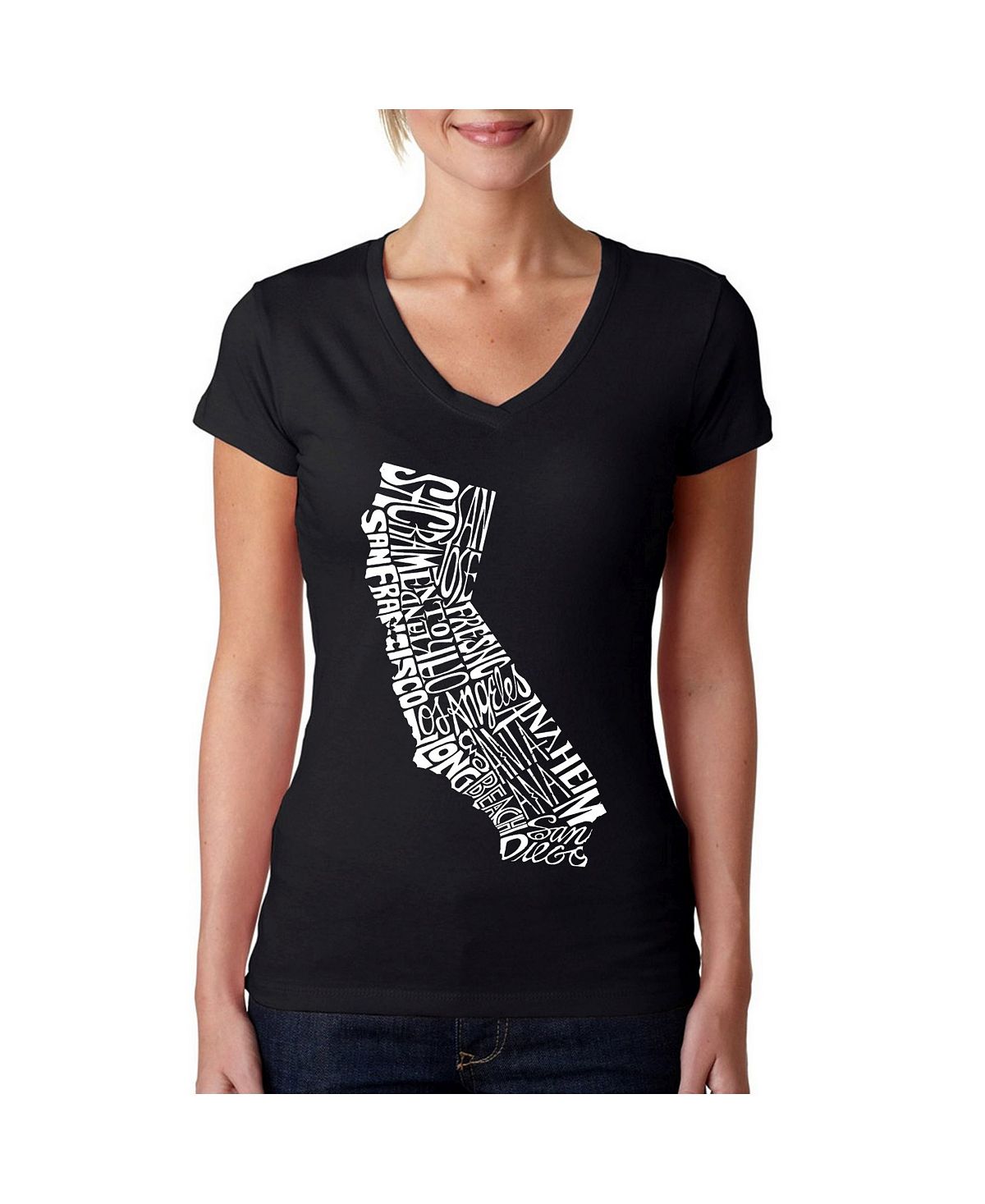 Женская футболка word art с v-образным вырезом — штат калифорния LA Pop Art, черный