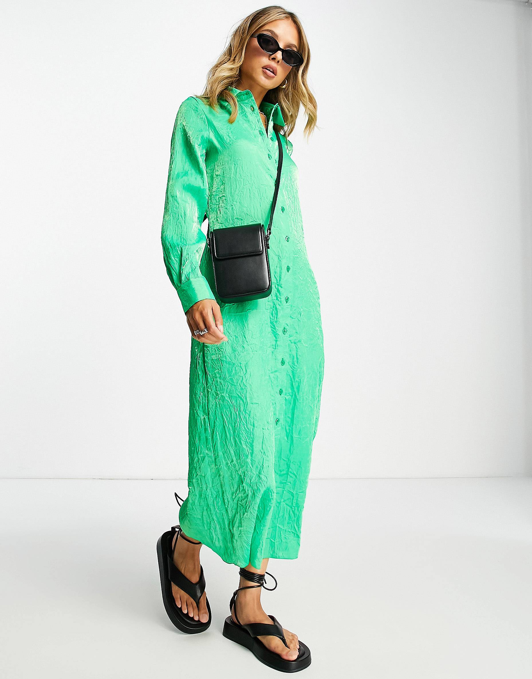 Зеленое текстурированное платье-рубашка миди премиум-класса Topshop