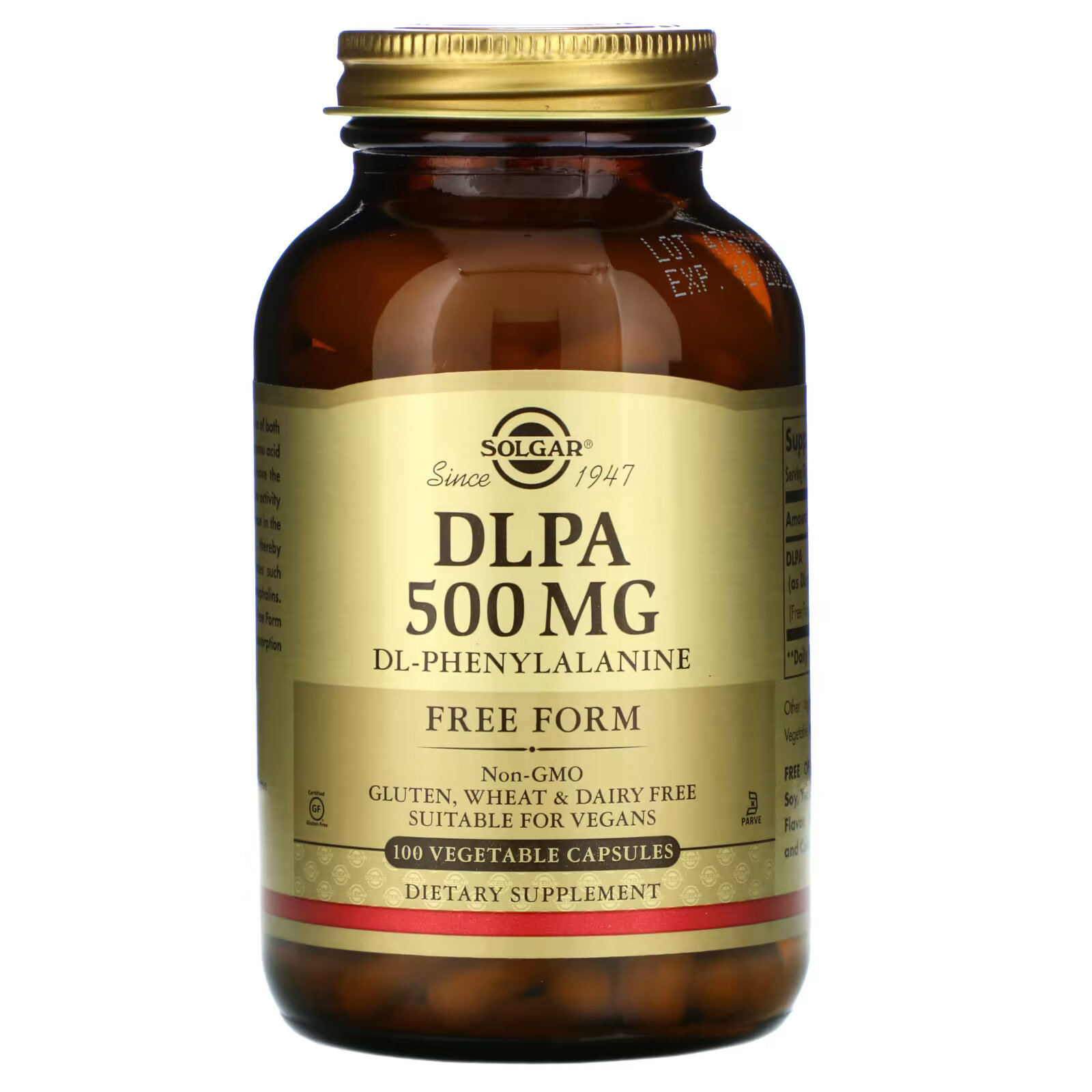 цена Solgar, DLPA, в свободной форме, 500 мг, 100 растительных капсул