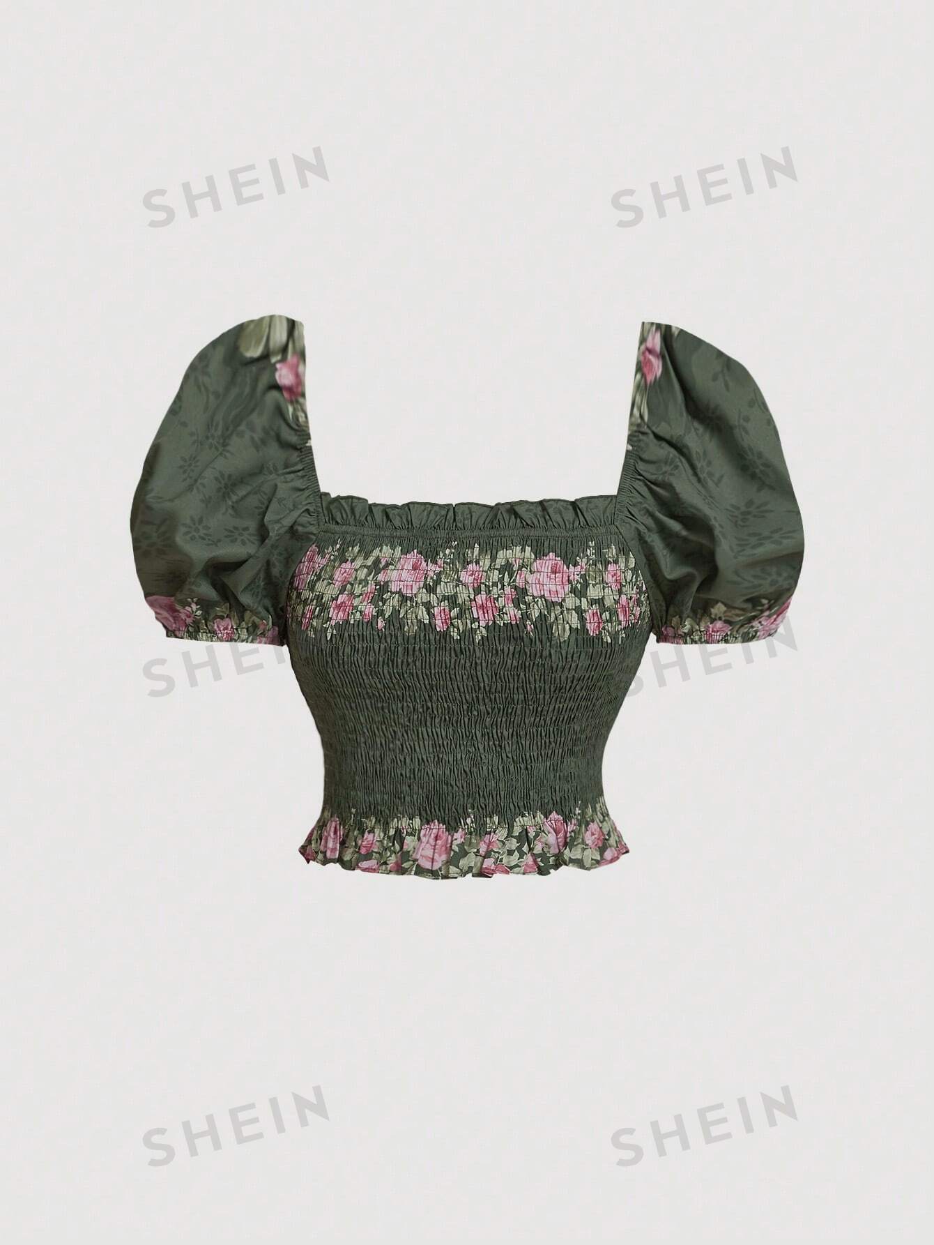 SHEIN MOD Женская винтажная блузка с пышными рукавами и цветочным принтом, многоцветный женская блузка с цветочным принтом iwie зеленый
