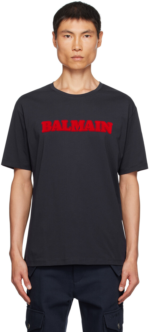 Balmain Темно-синяя футболка с флоком в стиле ретро