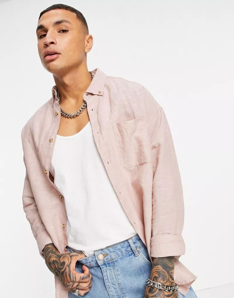 

Розовая льняная рубашка оверсайз в стиле 90-х ASOS