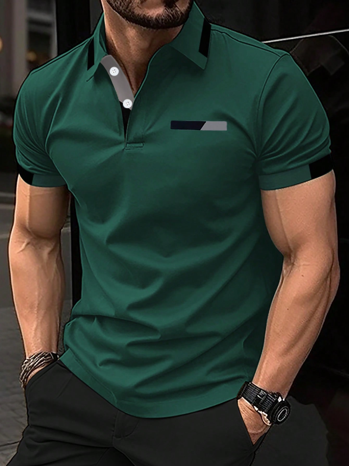 Мужская рубашка поло с короткими рукавами Manfinity с цветными блоками, темно-зеленый
