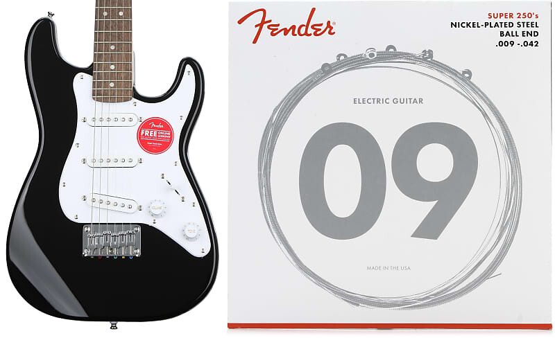 

Электрогитара Squier Mini Strat - черная с комплектом накладки на гриф Laurel и струнами для электрогитары из никелированной стали Fender 250L Super 250 - .009-.042 Light Fender + Squier 0730250403=1 0370121506=1