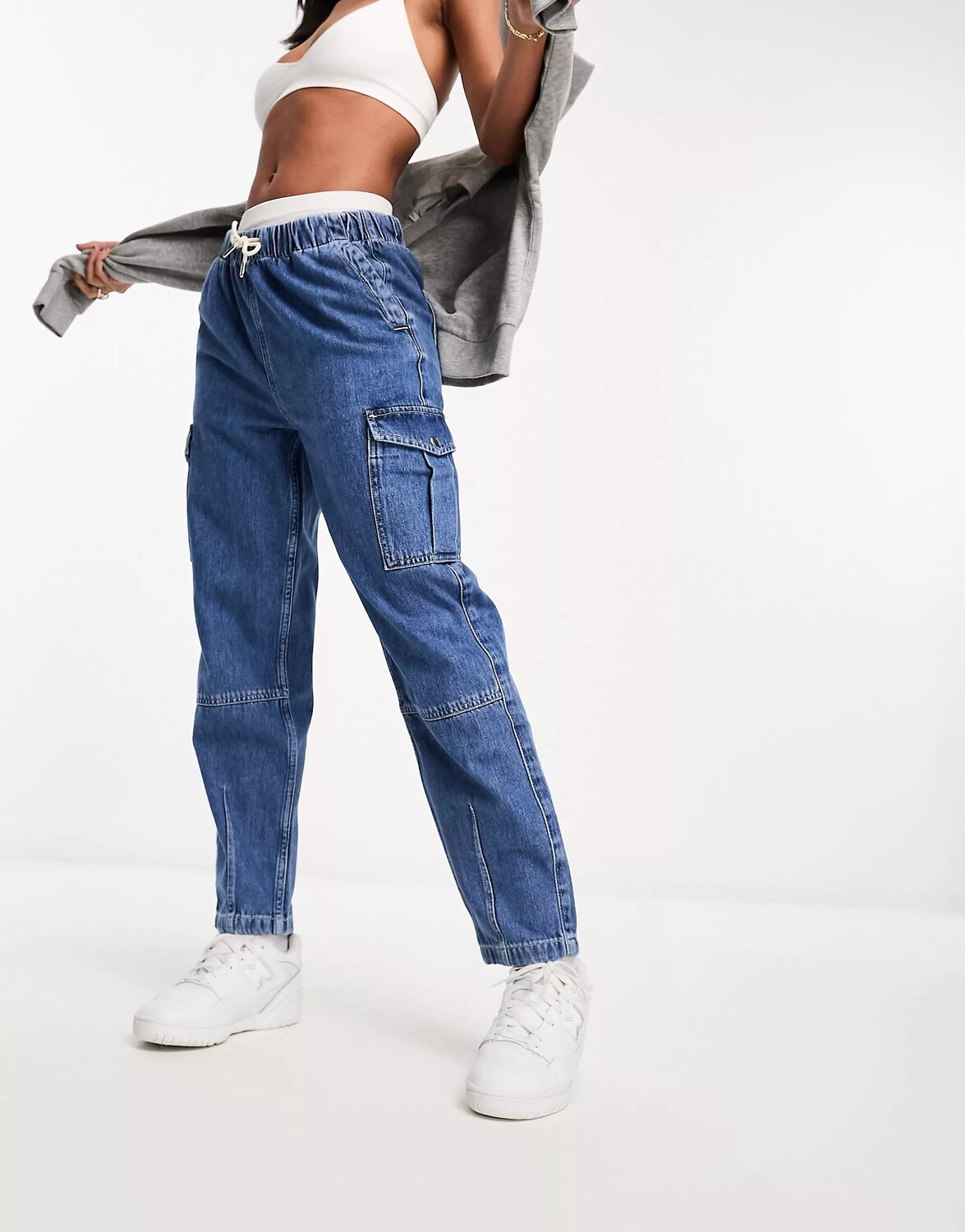 

Джинсы River Island Tie Waist Cuffed Denim Cargo In Wash, синий