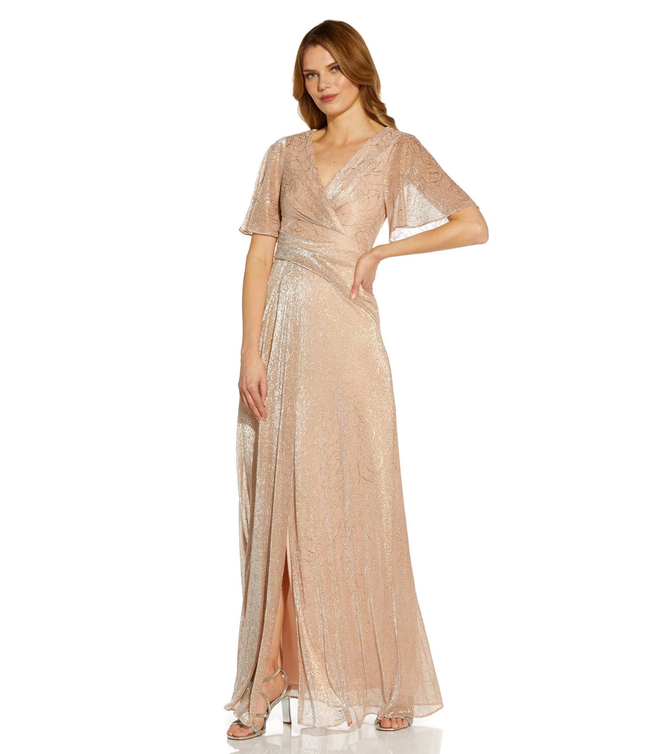 

Платье Adrianna Papell, Metallic Mesh Draped Gown with Flutter Sleeves