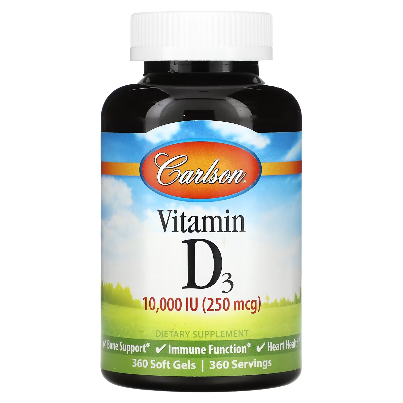 Витамин D3, 250 мкг (10 000 МЕ) Carlson, 360 мягких таблеток naturesplus водно диспергируемый витамин а 10 000 ме 3 000 мкг 90 таблеток