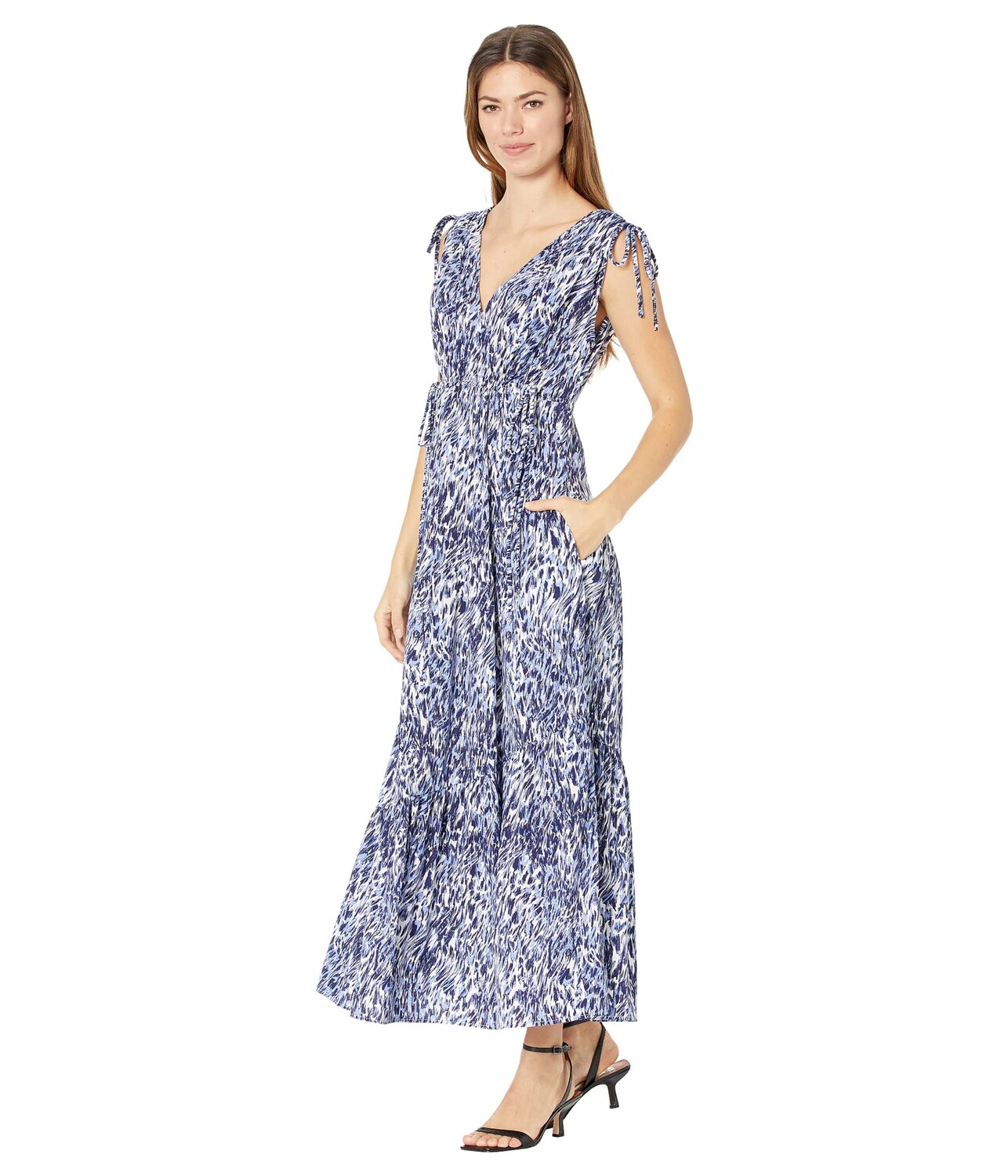 

Платье Maggy London, Asymmetrical Tiered Maxi Dress with Shoulder Gather