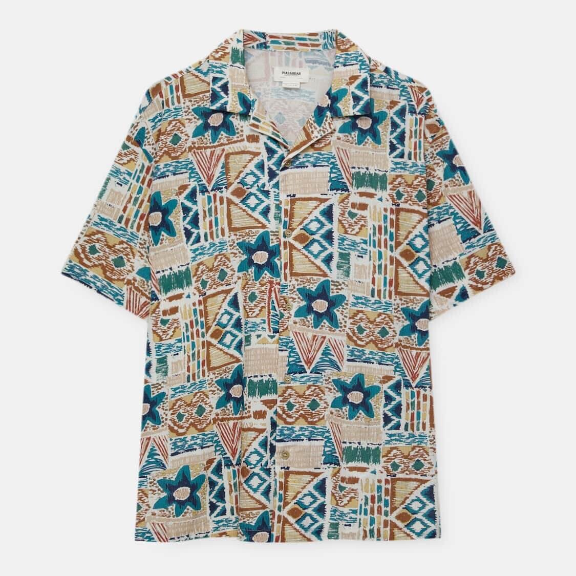 

Рубашка Pull&Bear Geometric Print с коротким рукавом, синий/красный/бежевый
