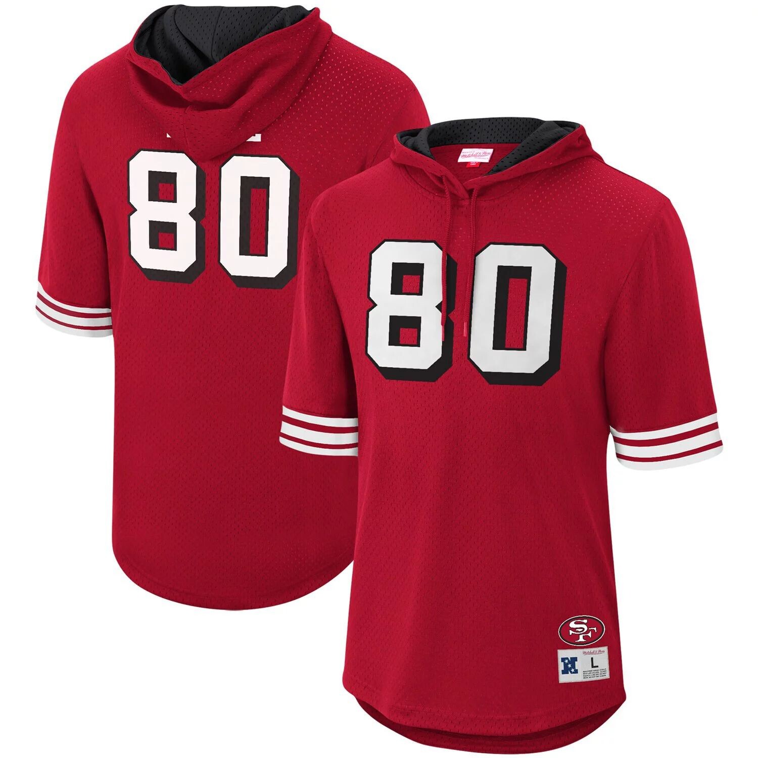 

Мужская футболка с капюшоном Mitchell & Ness Jerry Rice Scarlet San Francisco 49ers Retired Player с сеткой имени и номера