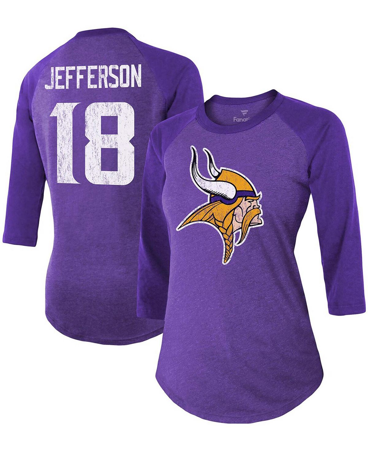 Женская футболка Justin Jefferson Purple Minnesota Vikings Team, имя  игрока, номер, футболка реглан Tri-Blend с рукавами 3/4 Fanatics – заказать  по выгодной цене из-за рубежа в «CDEK.Shopping»