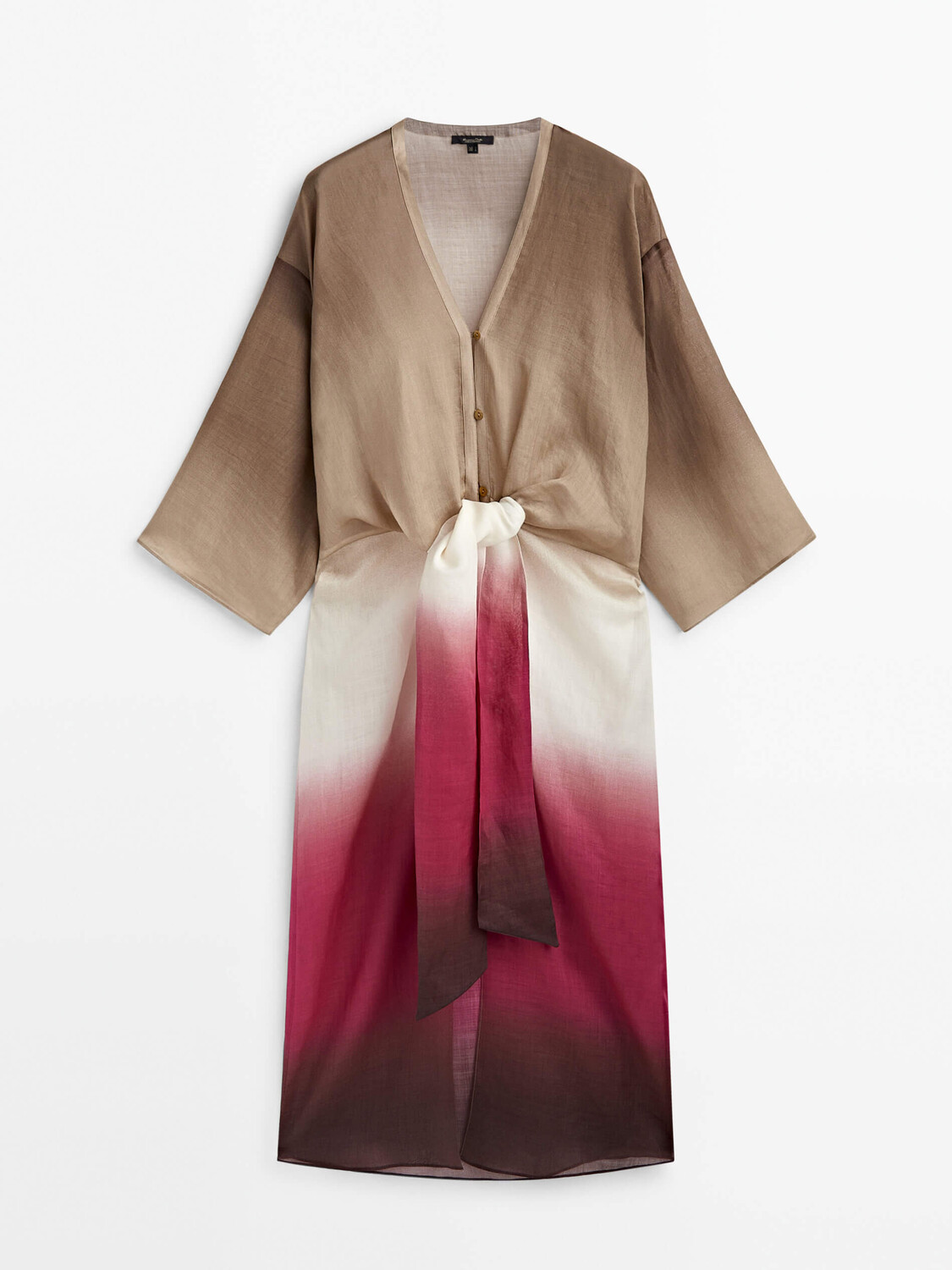 

Платье-туника Massimo Dutti Tie-dye Ramie With Knot Detail, бежевый/фуксия/белый