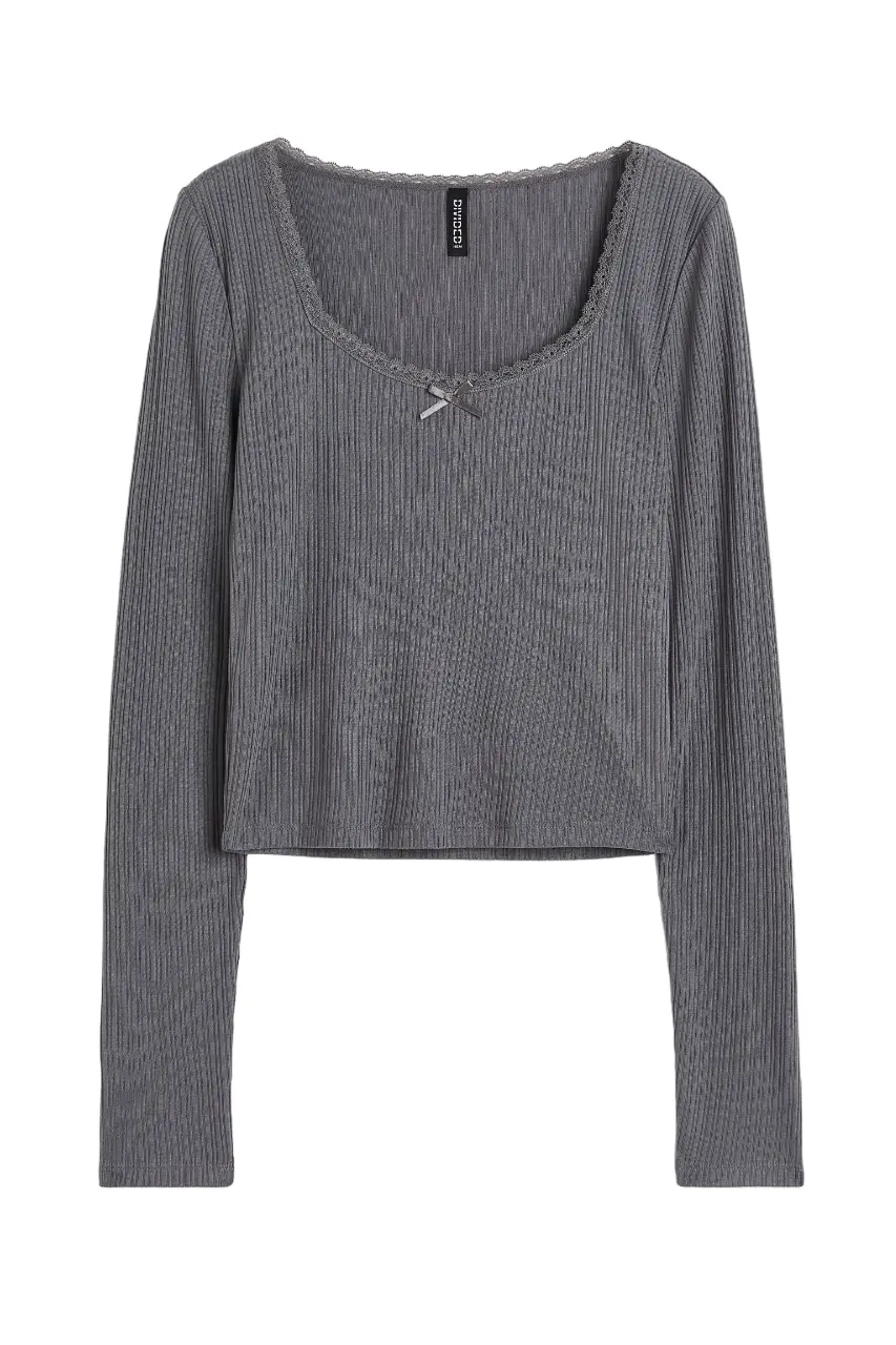 

Лонгслив H&M Lace-trimmed Ribbed, серый