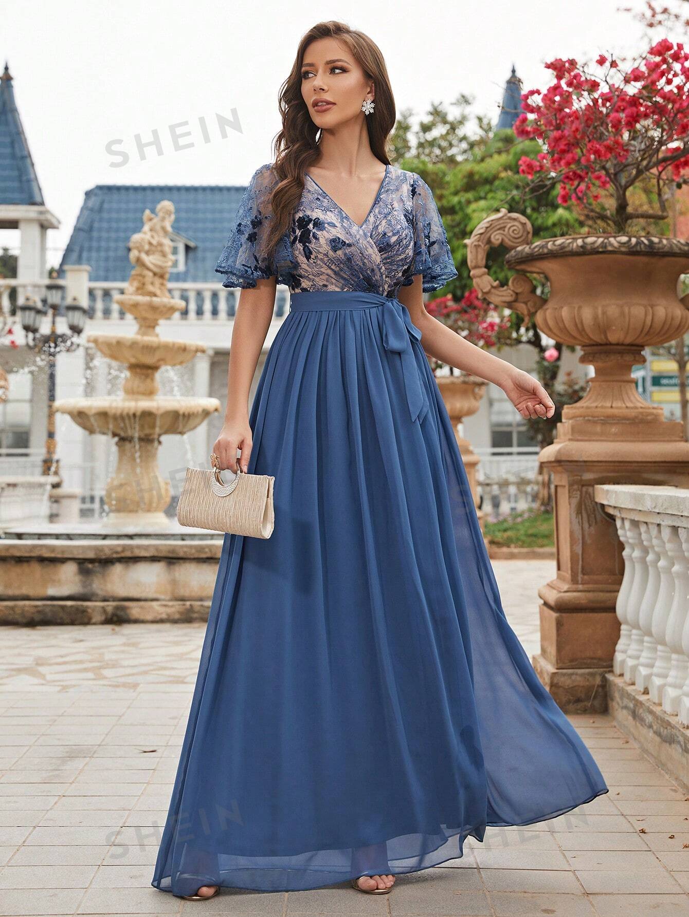 Синее шифоновое платье подружки невесты с тяжелой вышивкой, синий