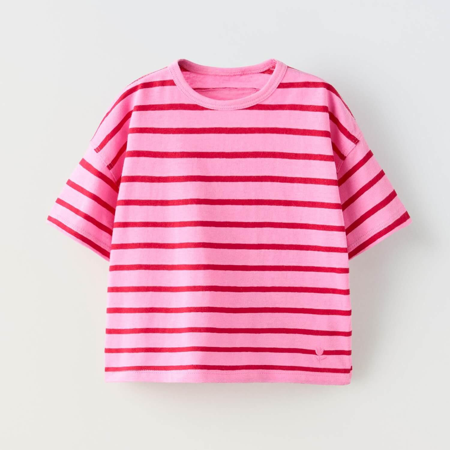 Футболка Zara Woven Striped With Embroidery, темно-розовый