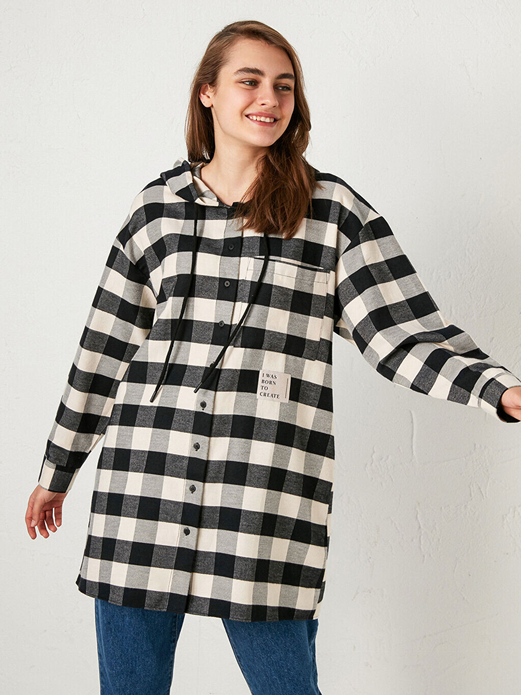 

Туника в крупную клетку с капюшоном LCW Modest