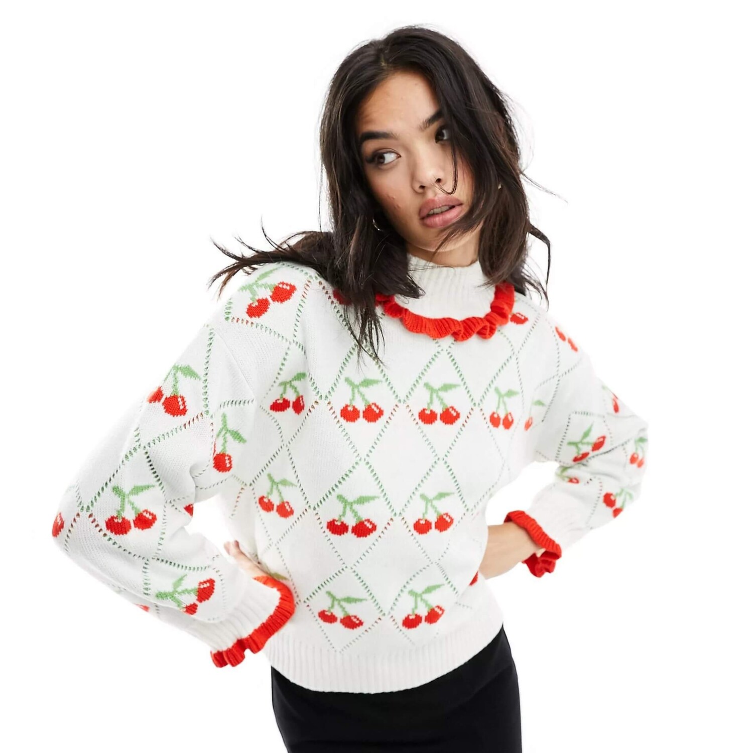 

Джемпер Neon Rose Pointelle Cherry Detail Roll Neck, белый/красный