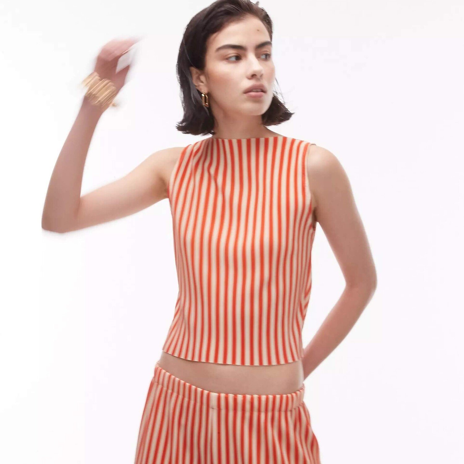 Топ Topshop Plisse Stripe Crinkle High Neck, красный/бежевый