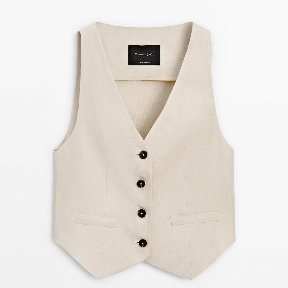 Жилет Massimo Dutti 100% Linen Suit, бежевый цена и фото