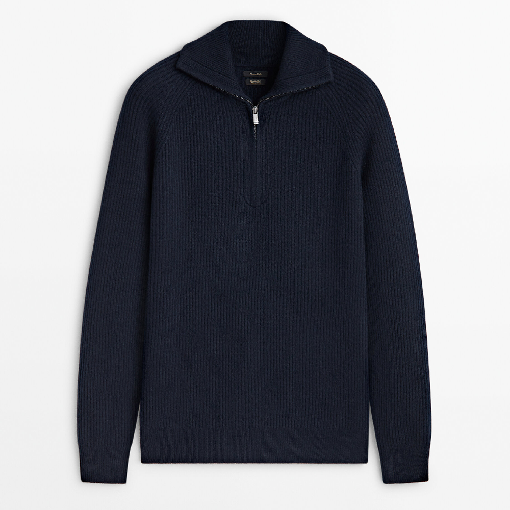 Свитер Massimo Dutti Mock Neck Knit With Zip, темно-синий свитер massimo dutti mock neck sweater with zip кремовый